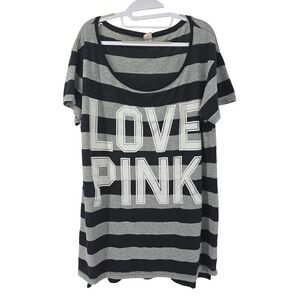 Victoria's Secret PINK Shirt Womens L‎ Gray Black Striped Oversized Night Sleep